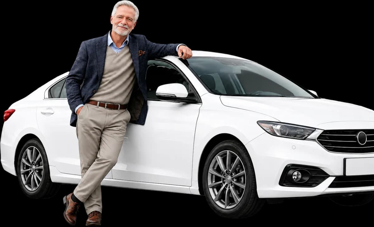 A smiling grey-haired man in a blazer leaning against a white sedan