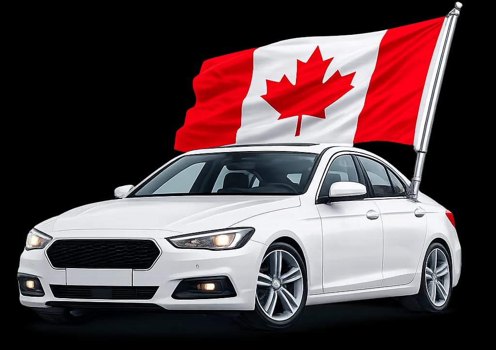 A white sedan flying a Canadian flag