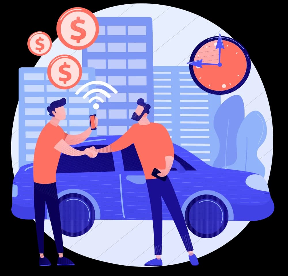 Seller and buyer shaking hands in front of a car